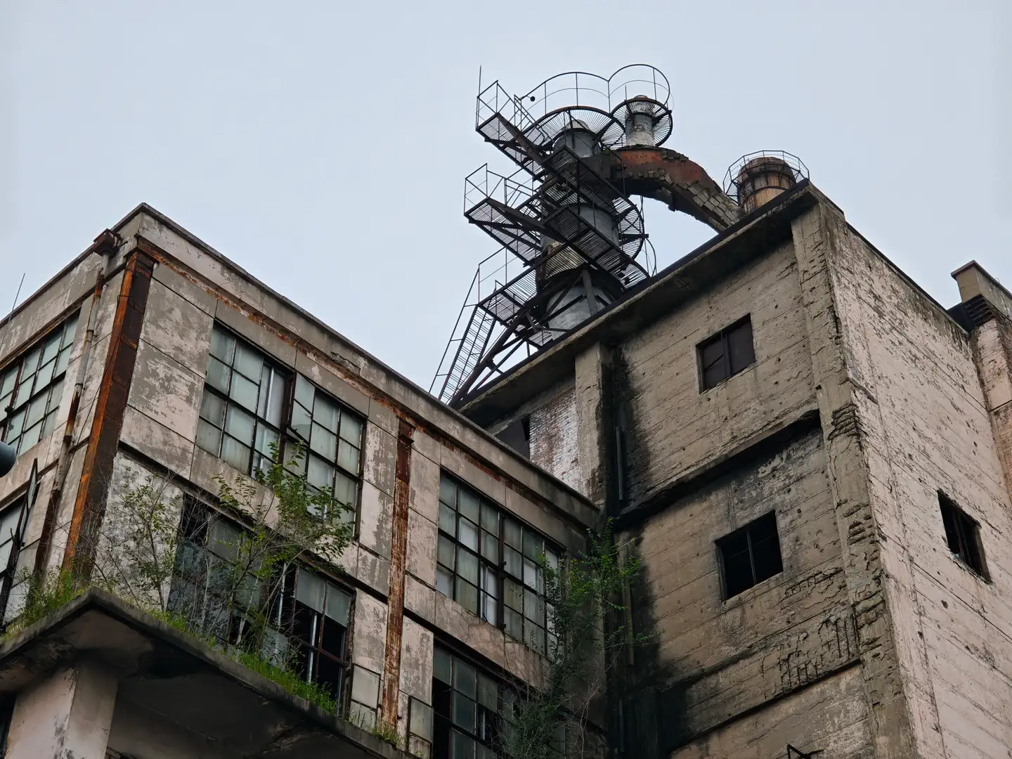798 艺术区废弃工厂的楼梯 画面展示了一座老旧的混凝土工业建筑,外墙斑驳且带有锈迹。建筑顶部安装有复杂的金属管道和螺旋楼梯结构,通向几个圆柱形的塔状设备。建筑立面上有许多长方形窗户,部分窗框破损,墙角和窗台处生长着绿色的杂草和灌木。
